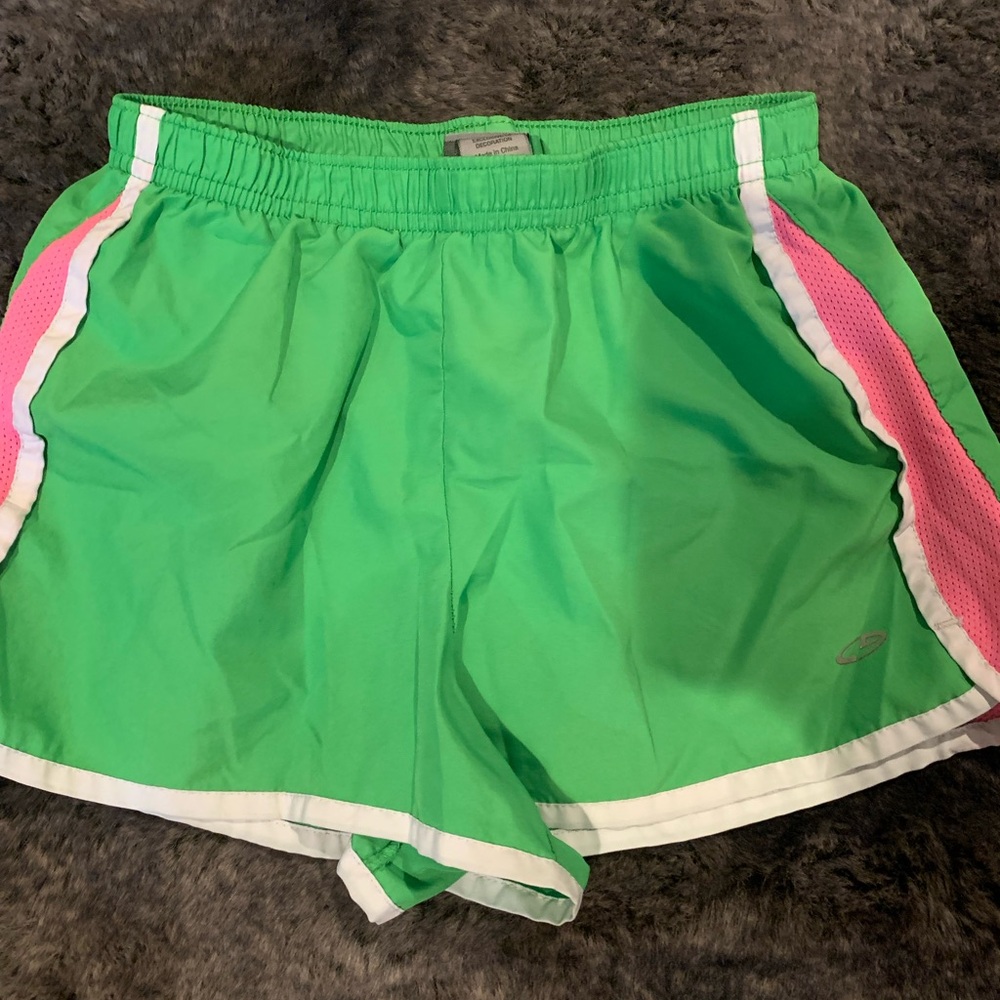 Champion Green Athletic Shorts with Pink and White Trim